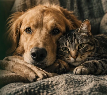 Cão e gato juntos num ambiente confortável