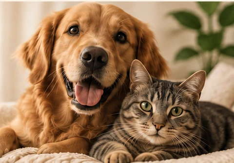 Cão golden retriever e gato juntos, em ambiente acolhedor